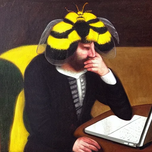 Prompt: tired man in a bumblebee suit sips a coffee in front of a laptop, highly detailed, masterpiece, renaissance, oil on canvas