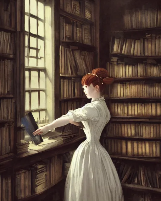 Image similar to a portrait of a victorian maid with long, flowing, auburn hair, detailed face, large eyes, happy, maid outfit, standing in a victorian reading room, window, short bookshelf, holding a stack of books, vivid colors, soft lighting, atmospheric, cinematic, moody, in the style of Ilya Kuvshinov and Range Murata, Krenz Cushart, oil on canvas, anime, 8K