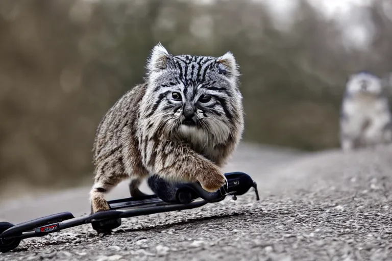 Image similar to wildlife photography of a Pallas cat riding a scooter, by Emmanuel Lubezki