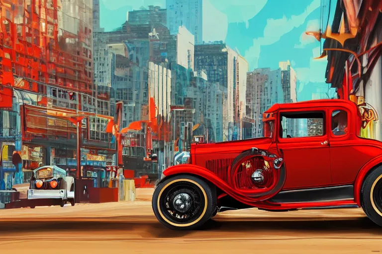 Image similar to a beautiful lowbrow pop art illustration of a 1 9 3 0 model a ford hot rod, red, orange and black with the motor exposed driving down a busy street in chicago, 8 k resolution, whimsical, octane render, detailed painting, by jasmine becket - griffith and danny flynn