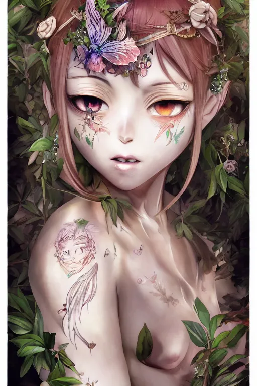 Image similar to anime key visual of a beautiful young forest nymph, sacred tattoos covering body, intricate, magical forest, stunning, highly detailed, digital painting, artstation, smooth, hard focus, illustration, final fantasy, art by sekiq, art by sakimichan, art by deviant art