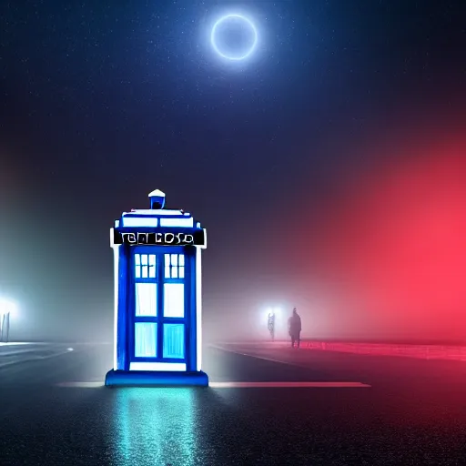 Image similar to a hyperdetailed photograph of the tardis sat on a futuristic street corner, night, dense fog, rain, hd, 8 k resolution