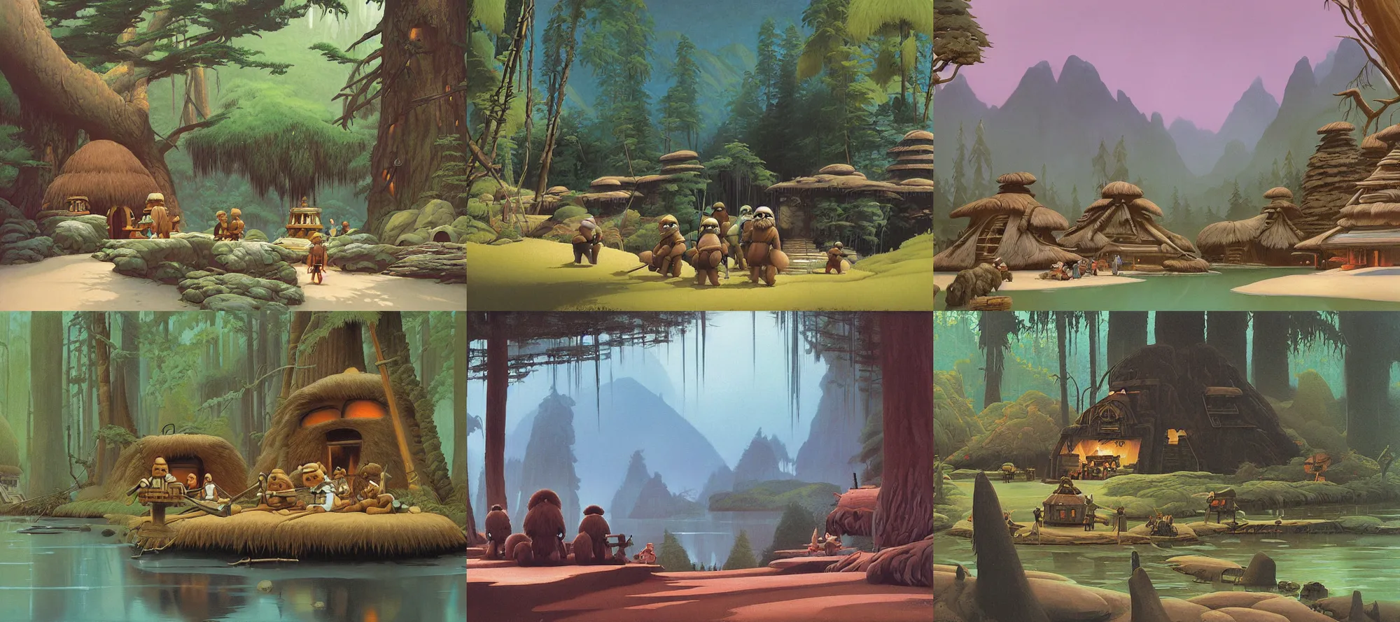 Prompt: ewok lake village painting by ralph mcquarrie