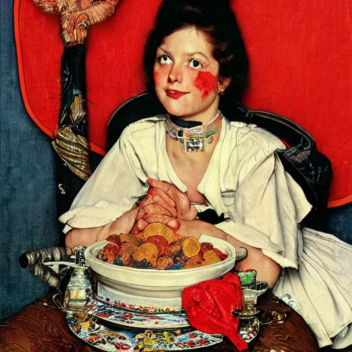 Image similar to Maximalist queen of a fictional ethnicity. Norman Rockwell painting.