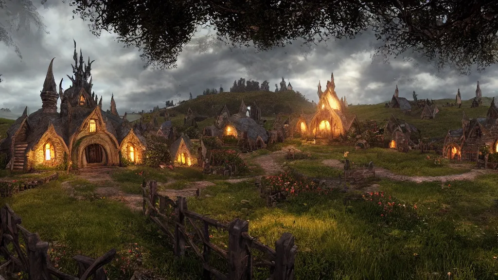 Image similar to wide shot of hobbiton in the style of dark souls, fromsoftware, elden ring, bloodborne