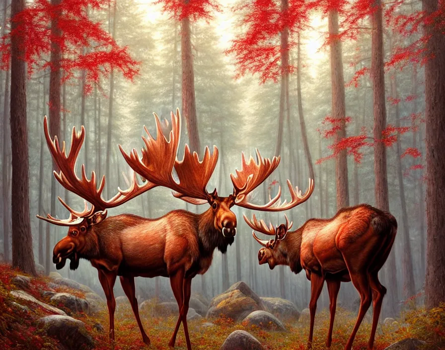 Prompt: a beautiful and very detailed painting of great ethereal moose in the bright red maple forest with a silver antlers, dynamic lighting, trending on artstation, path traced, highly detailed, high quality, digital art, hyper realistic, octane render, sharp focus, art by artgerm and greg rutkowski and alphonse mucha, 8 k