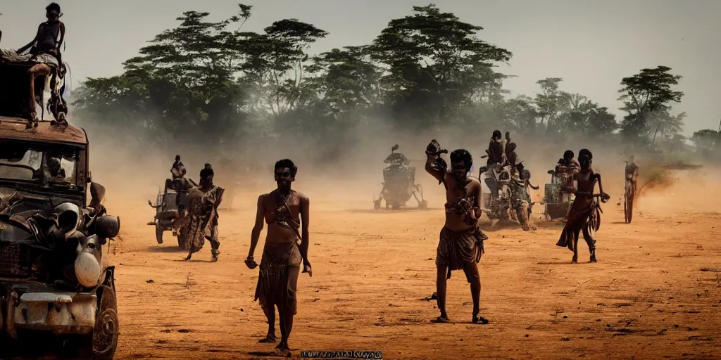 Image similar to sri lankan mad max style, bongo, film still, epic shot cinematography, rule of thirds