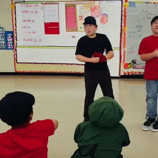 Image similar to fat kazakh guy in a red baseball cap teaching kids in school