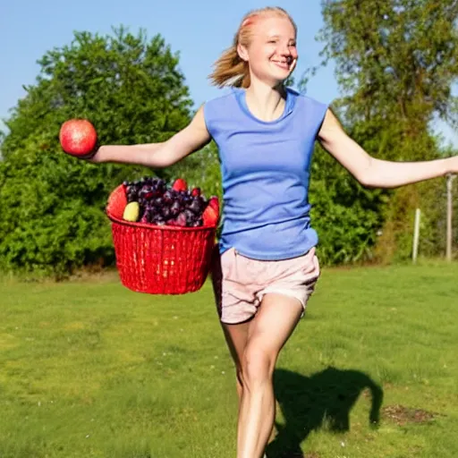 Prompt: a happy young female runner with blonde hair, wearing shorts, she is carrying fruit and vegetables, in the style of quentin blake h - 5 7 6 w - 1 0 2 4 s - 5 0