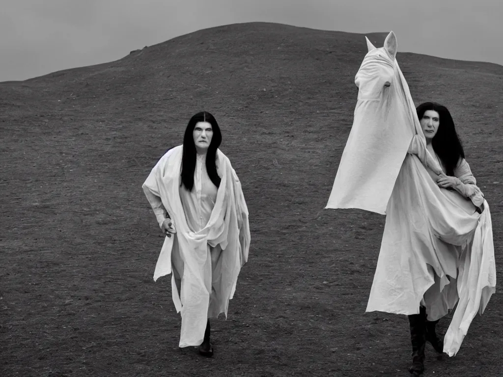 Prompt: marina abramovich on horsebag, holding a white flag, surrounded by t-1000's, in a dystopian landscape, noir, High Definition detail, 8K, super wide lens