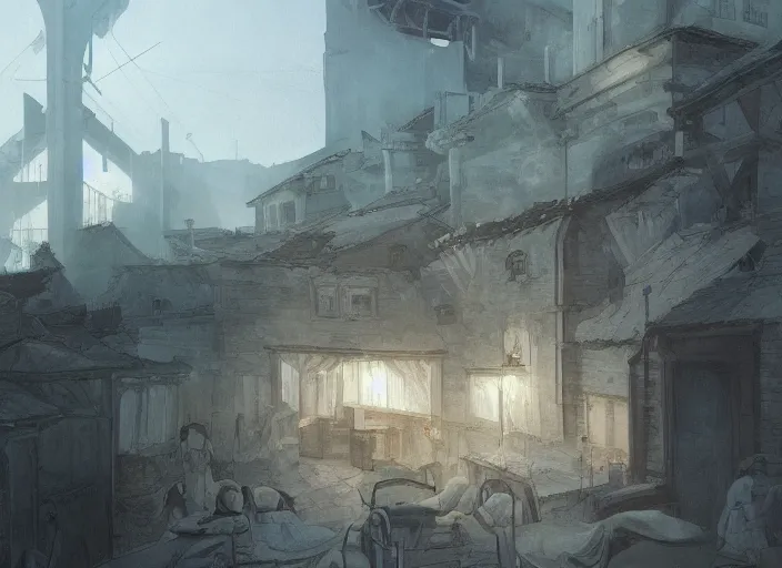 Prompt: 1 8 5 4 crimean war, army hospital in scutari at night, wounded patients in beds on both sides of hospital ward, finely detailed perfect art, painted by greg rutkowski makoto shinkai takashi takeuchi studio ghibli