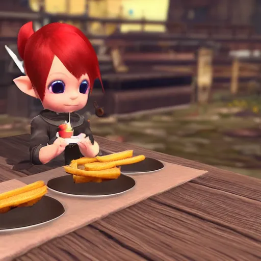 Prompt: a Lalafell eating a burger, FFXIV in-game