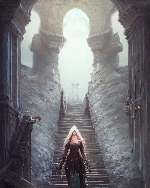 Prompt: A beautiful warrior walking up the castle stairs, beautiful face, highly detailed face, close-up, fantasy art, female art, in the style of greg rutkowski, illustration, epic, fantasy, intricate, hyper detailed, artstation, concept art, smooth, sharp focus, ray tracing