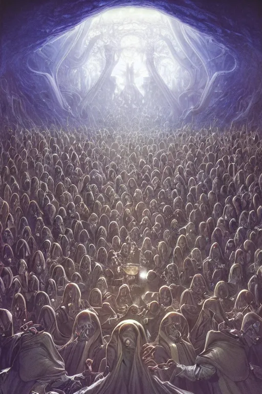 Image similar to a quantum computer surrounded by a dark cabal of hooded elven mystics with long robes gathered in a circular formation, michael whelan, dan seagrave, boris vallejo