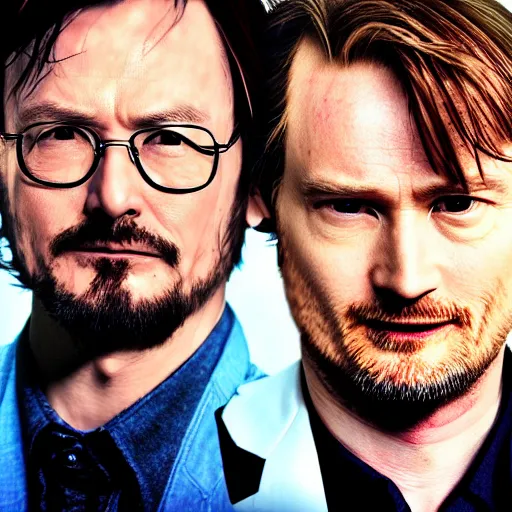 Prompt: Hideo Kojima and Christopher Nolan as Jesse Pinkman and Walter White, matte paint, portrait, very coherent, airbrush