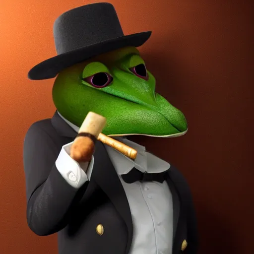 Image similar to a high quality photo of an antropomorphic mafia frog wearing a suit smoking a cigar, 3d scene, render, ultra realistic, artstation, cgsociety