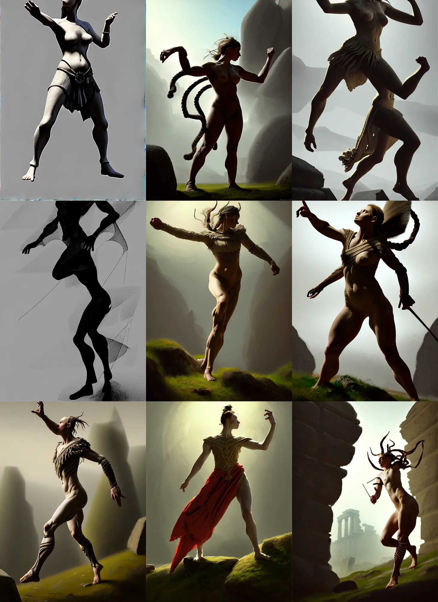 Prompt: linearization, dynamic pose, costume design made by nordic tribes, sophisticated composition, old masters light composition, procedurally generated, dynamic brush strokes, dynamic pose, natural light, epic human character posing for concept art, beautiful ancient ruins behind, substance designer, PBR, Ultra detailed, hyperrealistic, megascans, volumetric light, concept by master artist, made in paint tool SAI2, trending pixiv face