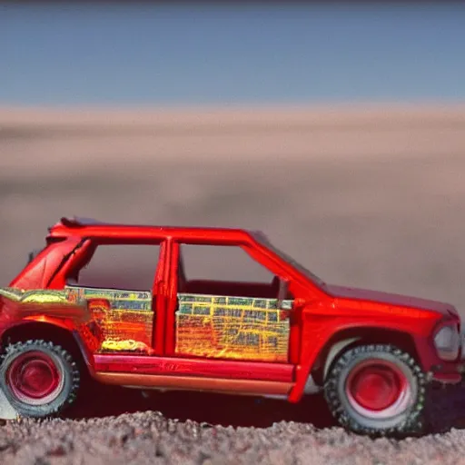 Image similar to 3 5 mm photo of metallic red aztek car like hot wheels model in area 5 1 as background, epic cinematic