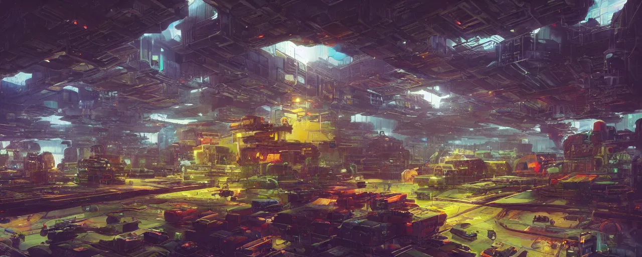 Prompt: ” futuristic scifi warehouse filled with containers, [ art by paul lehr, cinematic, detailed, epic, widescreen, opening, establishing, mattepainting, photorealistic, realistic textures, octane render ] ”