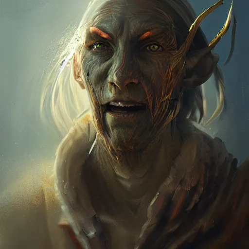 Prompt: portrait painting of an elf like humanoid with grey skin and sharp teeth, dark fantasy, medieval, painted, intricate, volumetric lighting, rich deep colours masterpiece, golden hour, sharp focus, ultra detailed, by ruan jia