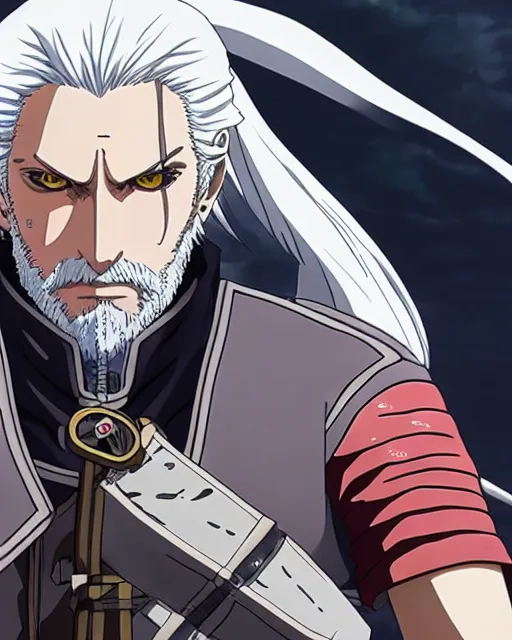 Prompt: anime key visual, full - body portrait of geralt of rivia in attack on titan