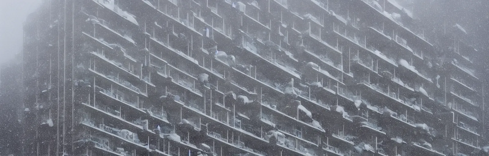 Image similar to snow falling on complex, geometric brutalist high rise buildings designed by lebbeus woods, fragmented architecture, diagonal shapes, complex ramps, balconies, stairways, sharp focus, clear focus, beautiful, award winning architecture, le corbusier, frank lloyd wright, snow, fog, mist, hopeful, quiet, calm, serene