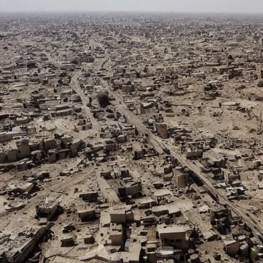 Image similar to the city of baghdad in post apocalyptic Iraq, wide angle,