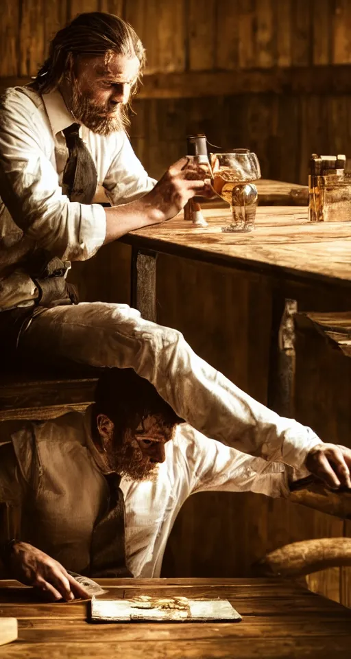 Image similar to man sitting alone at a large table, smoking a cigar and drinking whiskey with long hair and a dirty ripped white shirt, horror, gothic, lovecraftian, 4 k, realistic, high detail, gruesome