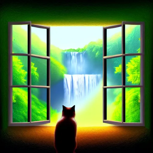 Image similar to a beautiful landscape including a waterfall and a forest through a window, cat sitting on the edge of the window, illustration, digital art, trending on artstation, no signature