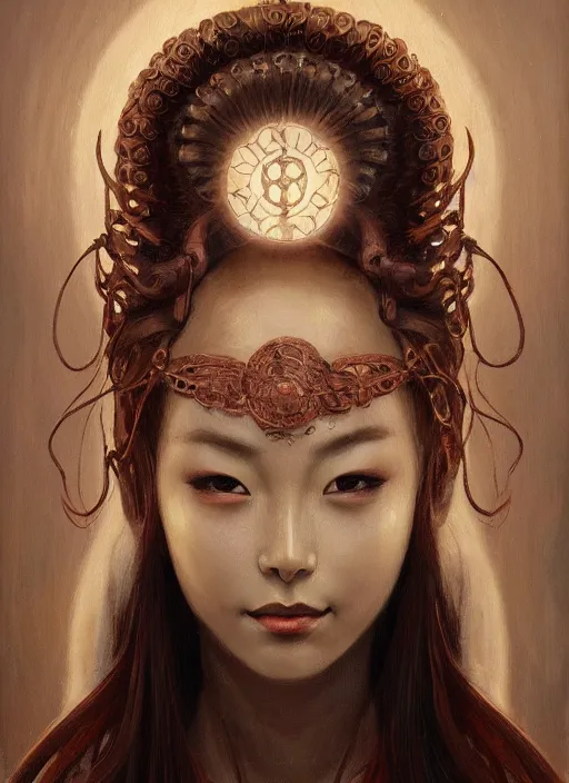 Image similar to a beautiful detailed oil on copper art illustration of a japanese namanari mask woman, centered, by charlie bowater, zeng fanzh, trending on artstation, dim dusk lighting, cinematic lighting, detailed lighting, volumetric lighting, realistic, f 8, 4 k hd wallpaper