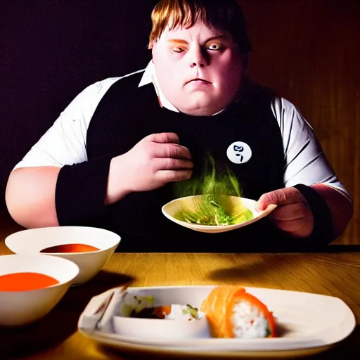 Prompt: wide - angle photo of augustus gloop eating body sushi, high focus, dramatic lighting, high detail, photo by david lachappelle 8 k