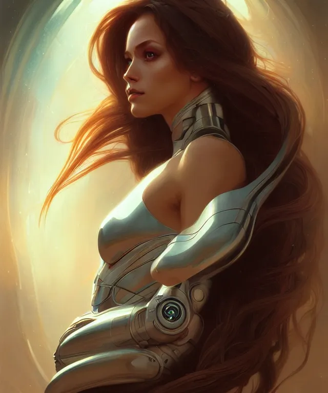 Image similar to futuristic woman portrait, sci-fi, amber eyes, face, long hair, fantasy, intricate, elegant, highly detailed, digital painting, artstation, concept art, smooth, sharp focus, illustration, art by artgerm and greg rutkowski and alphonse mucha