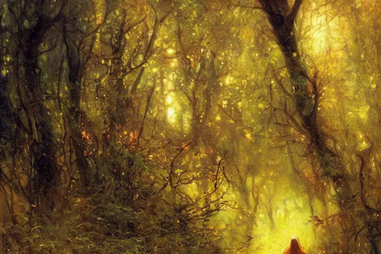 Image similar to illustration of a woman in a yellow hooded sweatshirt walking through a tangled forest in the astral plane. art by gaston bussiere.