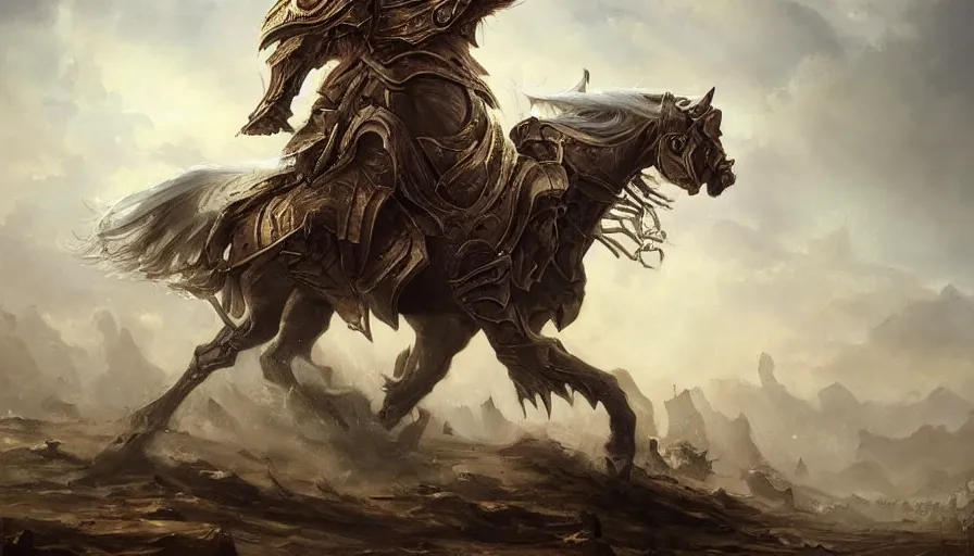 Prompt: A beautiful highly detailed epic painting of the Horseman of the Apocalypse by Ulpiano Checa, Trending on artstation HD.