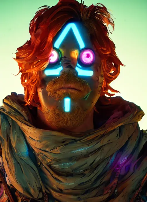 Image similar to glowwave portrait of curly orange hair man from borderlands 3, au naturel, hyper detailed, digital art, trending in artstation, cinematic lighting, studio quality, smooth render, unreal engine 5 rendered, octane rendered, art style by klimt and nixeu and ian sprigger and wlop and krenz cushart.