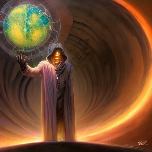 Image similar to the creator of worlds wearing a cloak and holding a holographic planet projection in his hand, detailed, sci - fi, digital painting, artstation, sharp focus, illustration, ominous, artgerm, tomasz alen kopera, peter mohrbacher, donato giancola, joseph christian leyendecker, wlop, frank frazetta