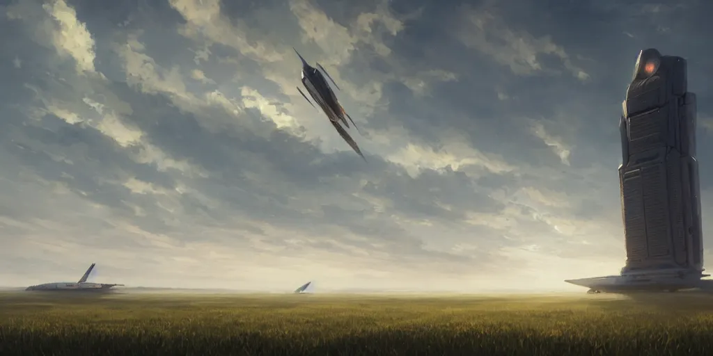 Prompt: wide shot of a tall and thin monolithic spaceship hovering in the air high above a cornfield, late afternoon, golden hour, highly detailed, smooth, sharp focus, concept art by greg rutkowski and ruan jia and stanley lau