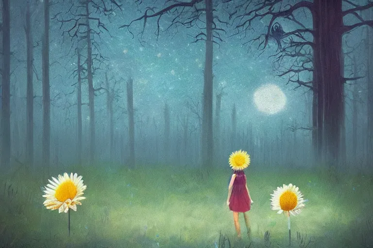 Image similar to giant daisy flower crown head, girl walking in forest, surreal photography, dark night, stars, moon light, impressionist painting, clouds, digital painting, artstation, simon stalenhag