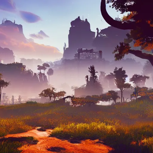 Image similar to A Landscape with a city in the style of horizon zero dawn