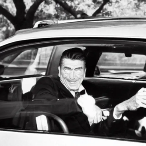 Prompt: “ ronald regan nervously locking his car door as he drives past a black person ”