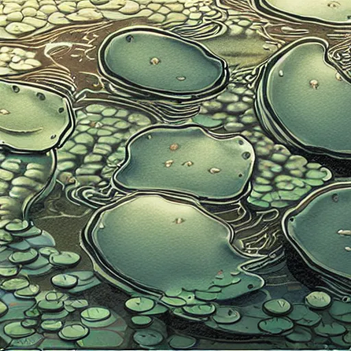 Image similar to big waves in a small lily pond, intricate, elegant, highly detailed, smooth, sharp focus, detailed face, high contrast, dramatic lighting, graphic novel, art by Ardian Syaf and Michael Choi