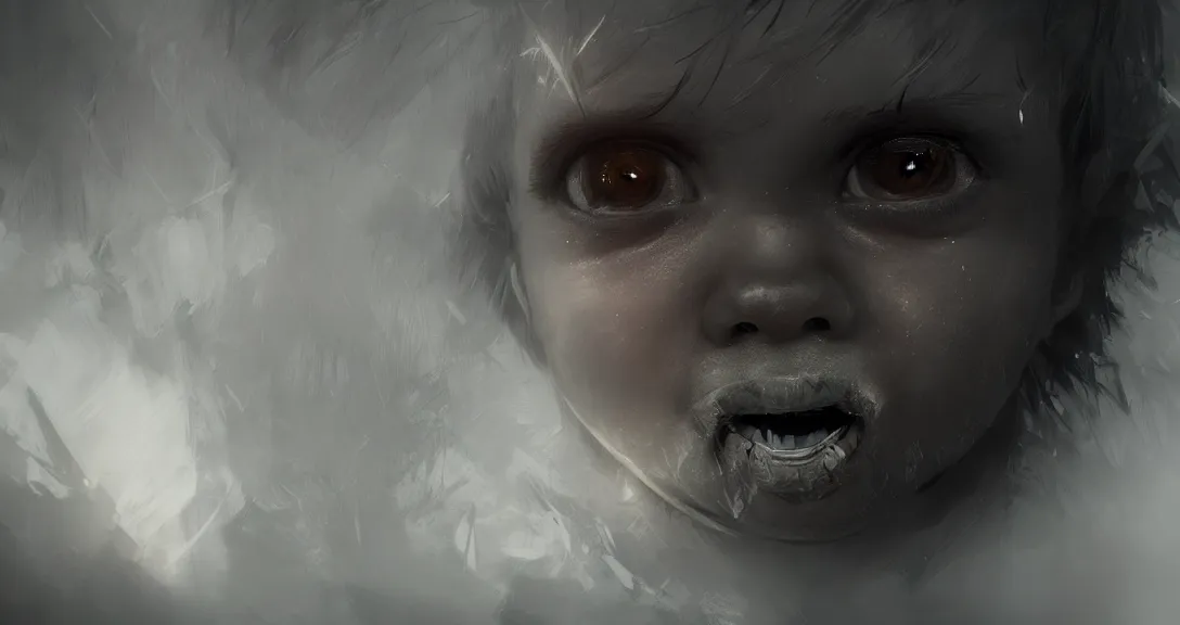 Image similar to child, black eyes, sharp teeth, portrait, intricate, detailed, volumetric lighting, scenery, digital painting, highly detailed, artstation, sharp,