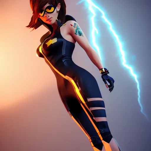 Image similar to tracer in a skintight dress, 4 k post - processing highly detailed, trending on artstation, cinematic lightning, volumetric lightning, highly detailed, extreme detail, full details, octane render, unreal engine 5, rendered by octane engine, cgsociety - s 1 5 0