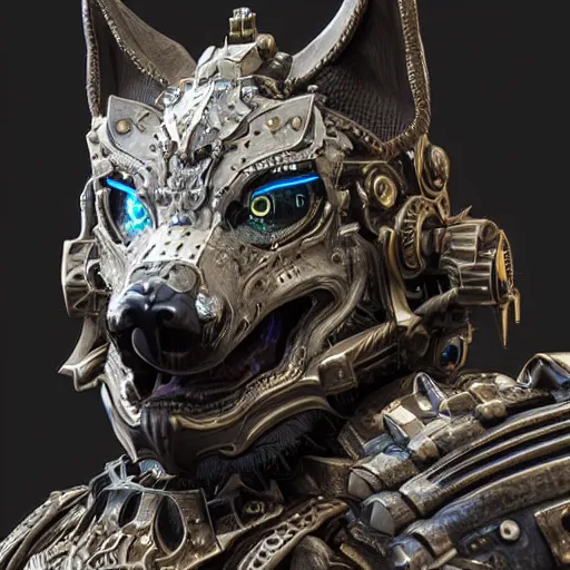 Image similar to A cyberpunk ornate wolf made of engraved full plate armor and gears, Macro shot by Justin Gerard, unreal engine, physically based rendering