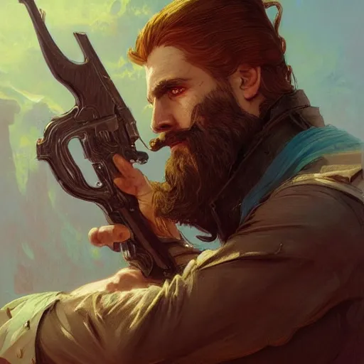 Image similar to bearded gunslinger, painted fantasy character portrait, headshot, fantasy, highly detailed, digital painting, artstation, concept art, sharp focus, illustration, art by the golden age of American illustration archive, artgerm and greg rutkowski and alphonse mucha