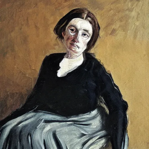 Image similar to woman on a victorian style bad old deteriorating walls in the background in the style of lucian freud, painting, dark, brush strokes