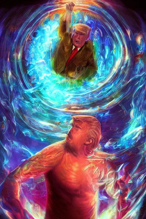 Image similar to portrait of trump drinking ayahuasca in a wormhole, psychedelic, by pablo amaringo, dramatic lighting, concept art, artstation