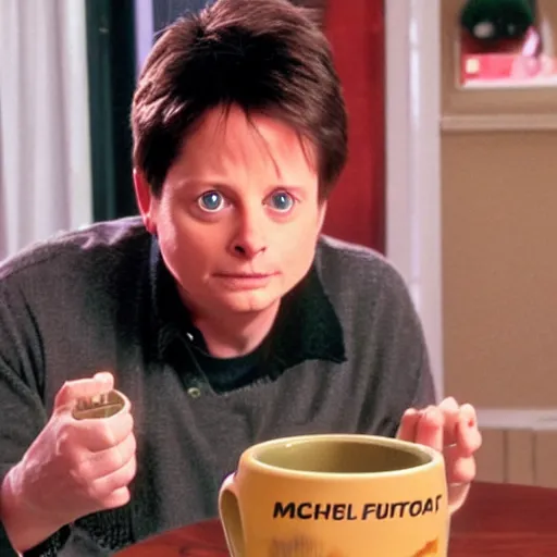 Image similar to Michael J Fox drinking holding a poop emoji mug