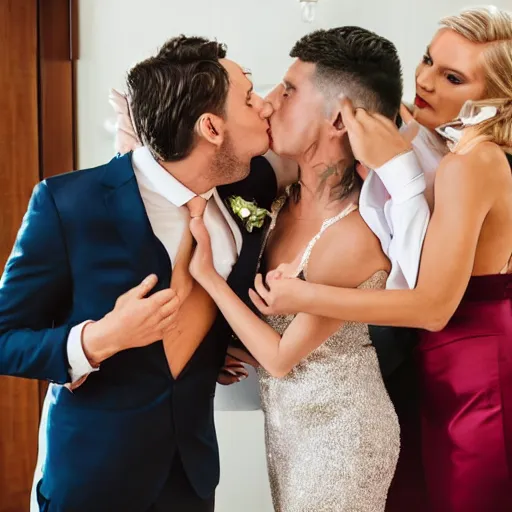 Image similar to two horribly deformed men in suits making out with two attractive blonde women dressed for a wedding party.