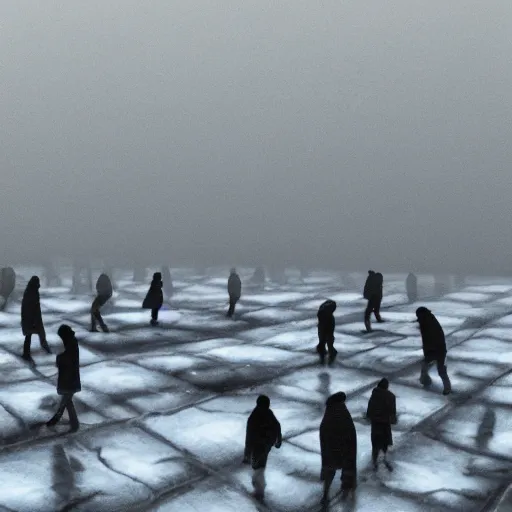 Prompt: illustration of rows of humans hanging on hooks in an ice box, fog rolling on the ground